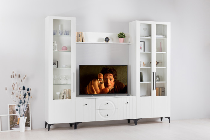 Валенсия Гостиная 16.45 Тумба под ТВ, цвет ЛДСП белый шагрень/МДФ белый шагрень, ШхГхВ 133,1х38,3х63,7 см.