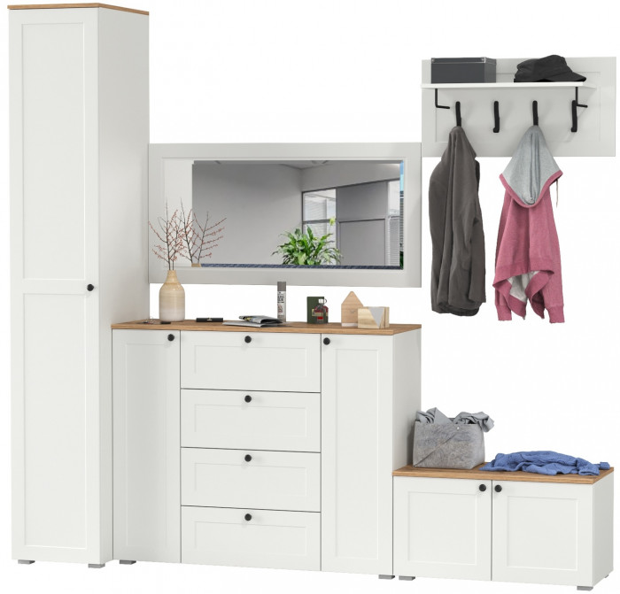 Остин Прихожая 51, цвет белый шагрень/дуб крафт золотой, ШхГхВ 240х54,3х229,6 см., универсальная сборка