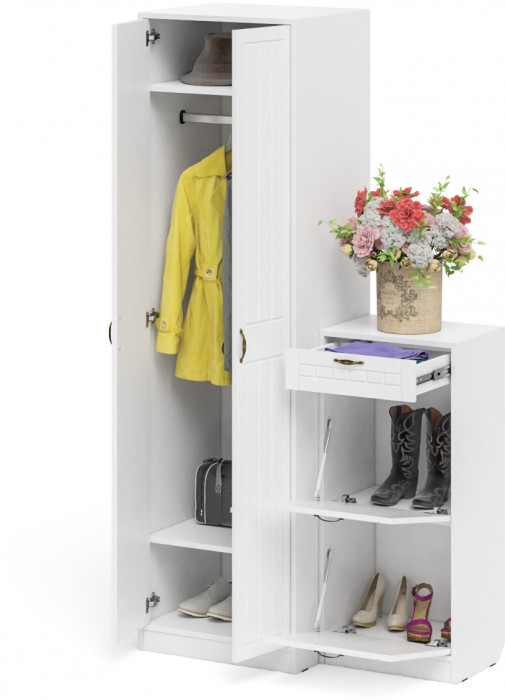 Прихожая П-6 Компоновка № 16, цвет белая шагрень/фасады МДФ белое дерево фрезеровка прованс, ШхГхВ 110х50х210 см., универсальная сборка