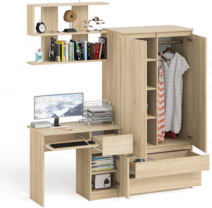 Мори компьютерный стол МС-1 правый + Шкаф МШ900.1 + Полка 900, дуб сонома