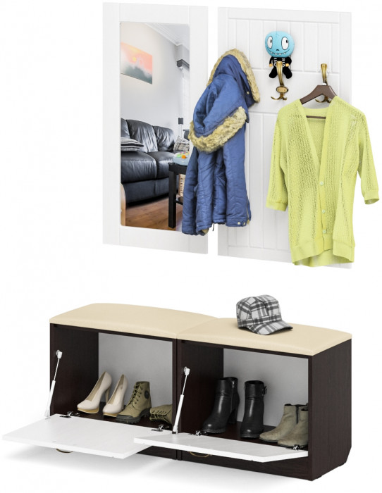 Прихожая П-6 Компоновка № 02, цвет венге/фасады МДФ белое дерево фрезеровка прованс, ШхГхВ 120х35х200 см.