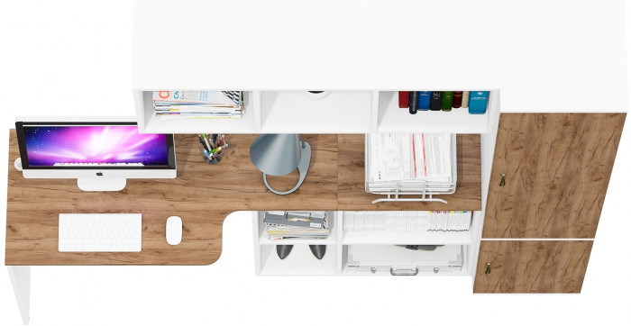 Лидер-8 Стол + Полка + Пенал МД 22Б, белый шагрень/крафт золото