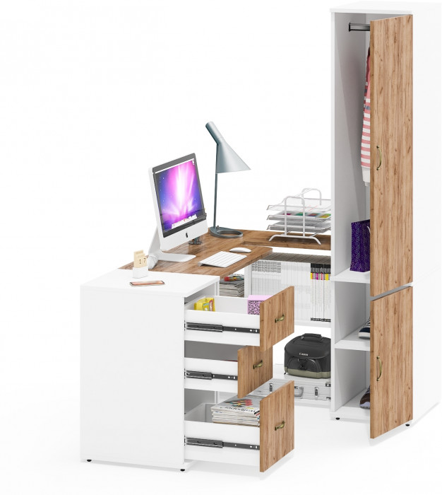 Лидер-8 Стол + Тумба МД 3.16 + Пенал МД 23Б, белый шагрень/крафт золото