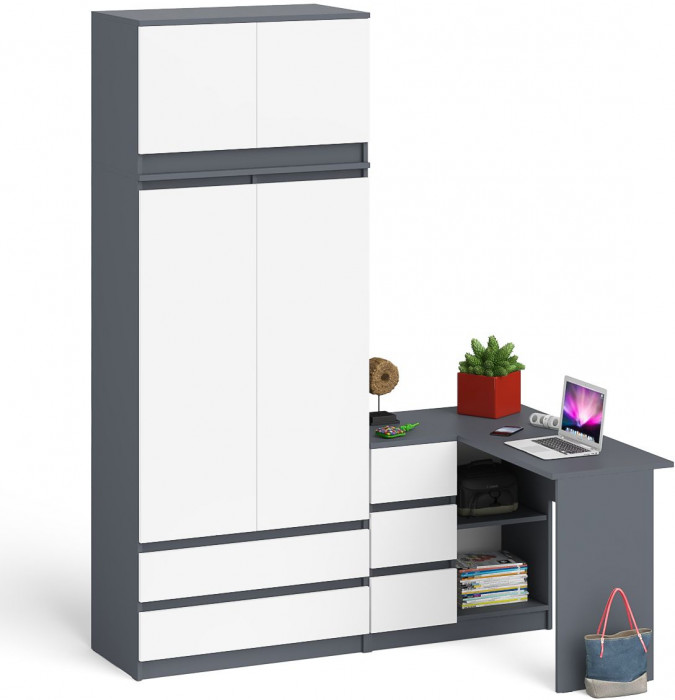 Мори компьютерный стол МС-16 левый + Шкаф МШ900.1 + Антресоль МА900.1, графит/белый