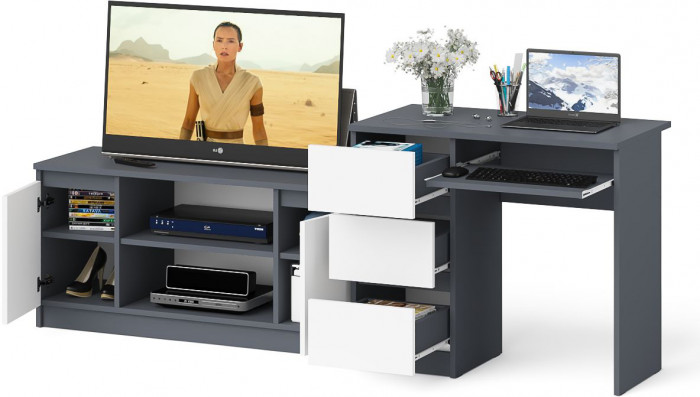 Мори компьютерный стол МС-6 левый + Тумба МТВ1200.1, графит/белый