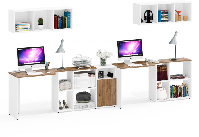 Лидер-8 Стол + Полка + Стол + Полка + Тумба МД 3.19, цвет белый шагрень/крафт золото, ШхГхВ 370х50/30х75 см. или 230х50/120х75 см., НЕ универс. сборка