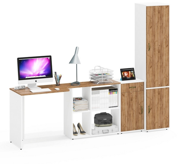 Лидер-8 Стол + Тумба МД 3.15 + Пенал МД 22Б, белый шагрень/крафт золото