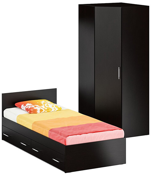 Кровать с ящиками 0900 + Шкаф угловой Стандарт, цвет венге, ШхГхВ 93,5х203,5х70 + 81,2х81,2х200 см., сп.м. 900х2000 мм., без матраса, основание есть