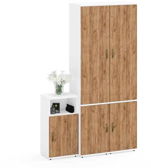 Лидер-8 Пенал МД 21Б + Пенал МД 21Б + Тумба МД 3.19, цвет белый шагрень/крафт золото, ШхГхВ 120х37,5х190 см., универсальная сборка