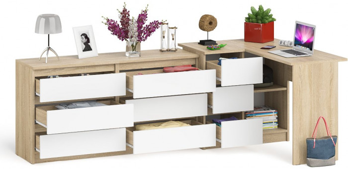 Мори Стол компьютерный МС-16 левый + Комод МК1380.6, цвет дуб сонома/белый, ШхГхВ 262,4х84,9х76,6 см., выдвижные ящики слев, НЕ универсальная сборкаа