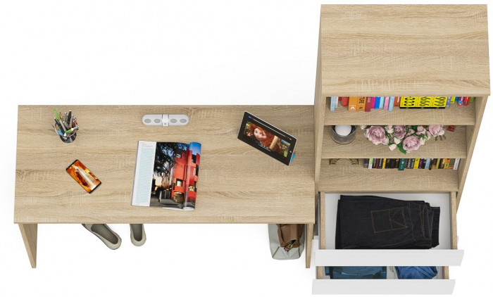 Мори Стол письменный МСП1200.1 + Стеллаж МСТ600.3, цвет дуб сонома/белый, ШхГхВ 180,8х50х179,6 см., универсальная сборка