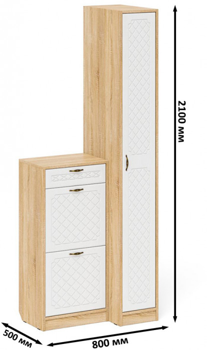 Прихожая П-6 Компоновка № 42, цвет дуб сонома/фасады МДФ белое дерево фрезеровка ромб, ШхГхВ 80х50х210 см., универсальная сборка