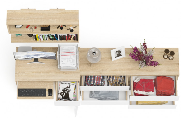 Мори Стол компьютерный МС-1 правый + Комод МК1380.6 + Полка 900, цвет дуб сонома/белый, ШхГхВ 228х50х209,6 см., НЕ универсальная сборка