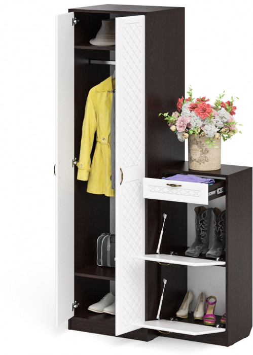 Прихожая П-6 Компоновка № 16, цвет венге/фасады МДФ белое дерево фрезеровка ромб, ШхГхВ 110х50х210 см., универсальная сборка
