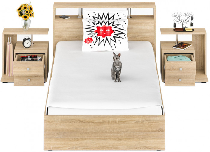 Камелия Кровать 1400 + две тумбы, цвет дуб сонома, ШхГхВ 256х217х78,2 см., сп.м. 1400х2000 мм., без матраса, основание есть