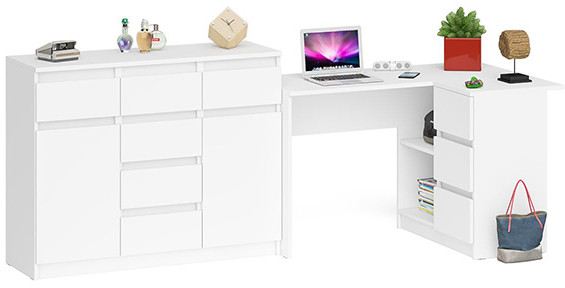 Мори Стол компьютерный МС-16 правый + Комод МК1200.4, цвет белый, ШхГхВ 244,8х84,9х94 см., выдвижные ящики справа, НЕ универсальная сборка
