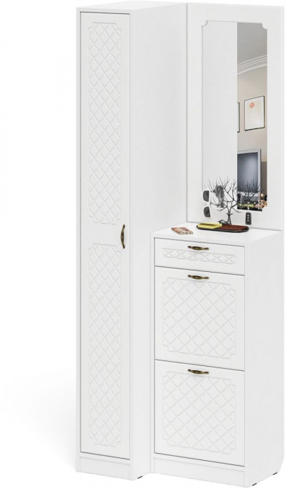 Прихожая П-6 Компоновка № 43, белая шагрень/фасады МДФ белое дерево фрезеровка ромб