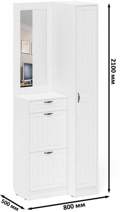 Прихожая П-6 Компоновка № 43, цвет белая шагрень/фасады МДФ белое дерево фрезеровка прованс, ШхГхВ 80х50х210 см., универсальная сборка