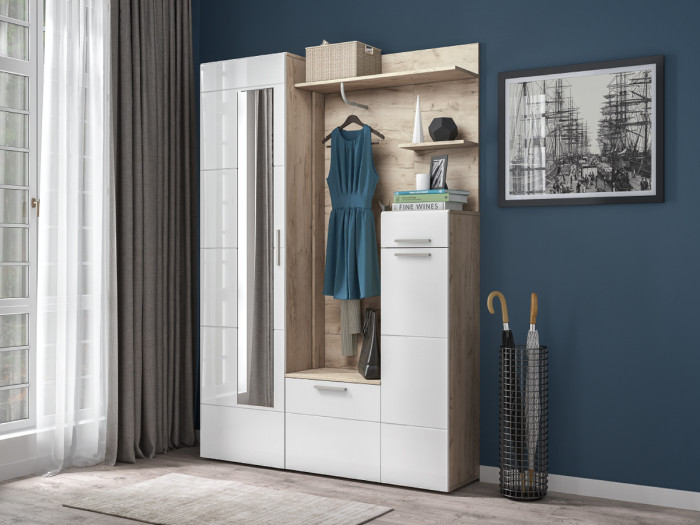 Лайн 08.122 Шкаф для одежды, дуб крафт серый/фасады МДФ белый глянец