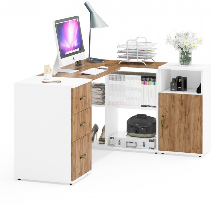 Лидер-8 Стол + Тумба МД 3.16 + Тумба МД 3.19, белый шагрень/крафт золото