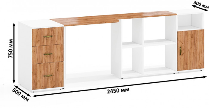 Лидер-8 Стол + Тумба МД 3.16 + Тумба МД 3.19, белый шагрень/крафт золото