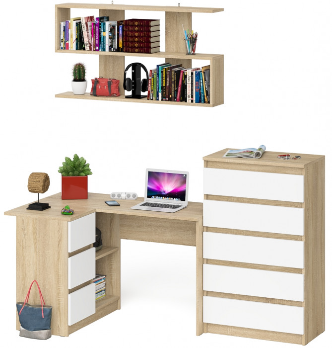 Мори компьютерный стол МС-16 левый + Комод МК700.5 + Полка 1200, дуб сонома/белый