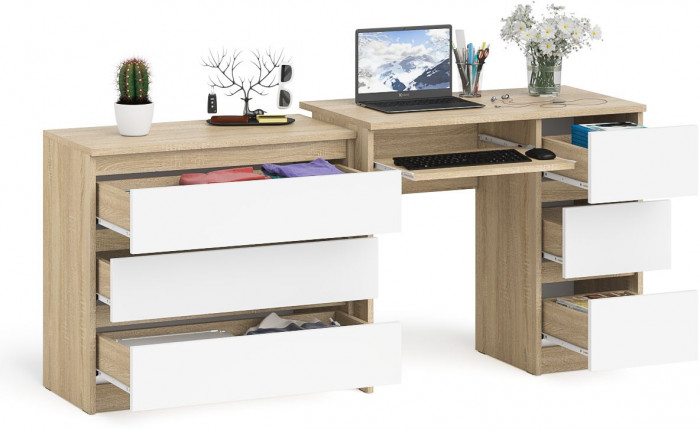 Мори компьютерный стол МС-6 правый + Комод МК800.1, дуб сонома/белый