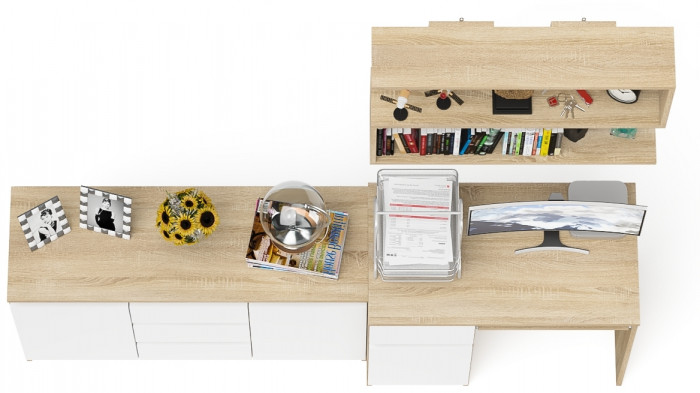 Мори Стол компьютерный МС-1 левый + Комод МК1200.3 + Полка 900, цвет дуб сонома/белый, ШхГхВ 210,4х50х209,6 см., НЕ универсальная сборка