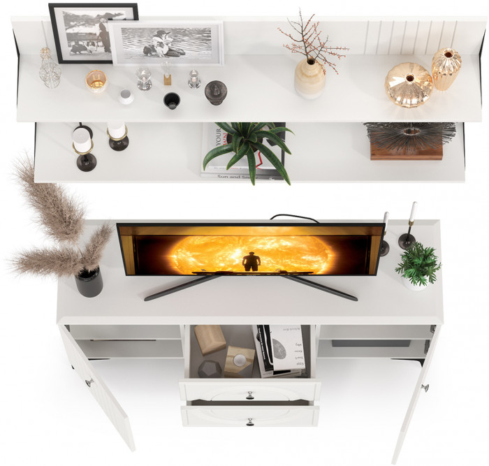 Валенсия Гостиная № 051, цвет ЛДСП белый шагрень/МДФ белый шагрень, ШхГхВ 133,1х38,3х210 см.