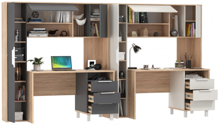 Два стола компьютерных Комфорт 12.95N, цвет дуб сонома/белый/дуб сонома/тёмно-серый, ШхГхВ 324х60,3х180 см., НЕ универсальная сборка