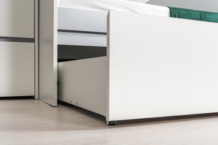 Торонто 11.39 Кровать + 13.321 Комод, цвет белый шагрень/стальной серый, ШхГхВ 274х84,4х75,4 см., сп. м. 800х1900 мм., б/м, основание есть