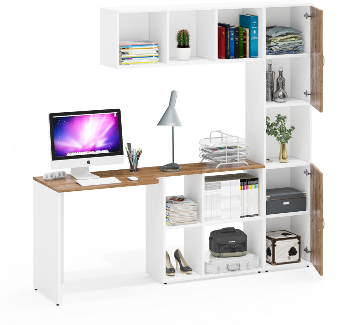 Лидер-8 Стол + Полка + Пенал, белый шагрень/крафт золото