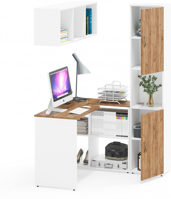 Лидер-8 Стол + Полка + Пенал, белый шагрень/крафт золото