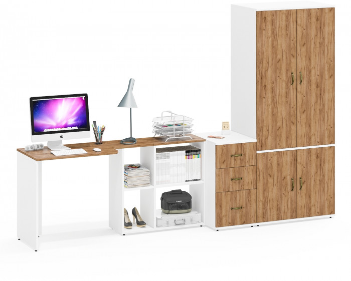 Лидер-8 Стол + Тумба МД 3.16 + Шкаф МД 19Б, белый шагрень/крафт золото