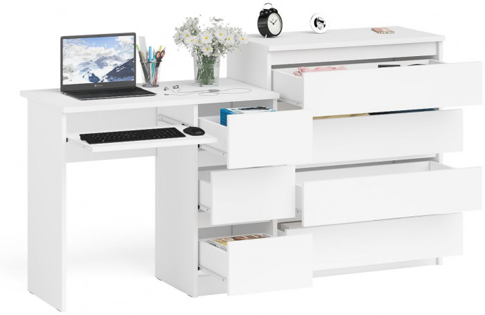 Мори компьютерный стол МС-6 правый + Комод МК800.4, белый