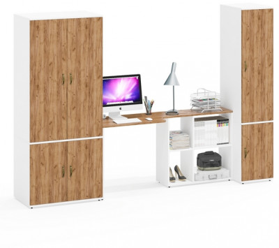 Лидер-8 Шкаф МД 19Б + Стол + Пенал 23Б, цвет белый шагрень/крафт золото, ШхГхВ 285х50/37,5х75/190 или 195х120х75/190 см., НЕ ун.сб.