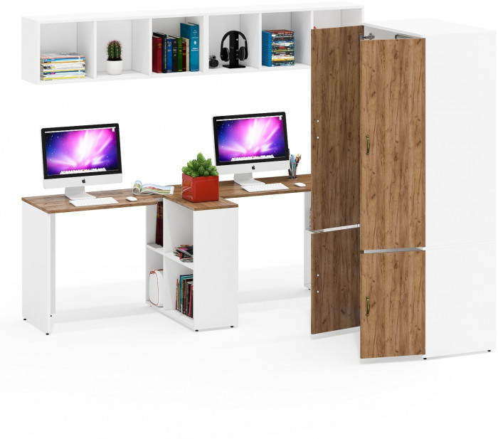 Лидер-8 Стол + Полка + Стол + Полка + Шкаф МД 19Б + Тумба МД 3.19, цвет белый шагрень/крафт золото, 450х50х75/190 или 230х200/50х75/190, НЕ ун. сб.