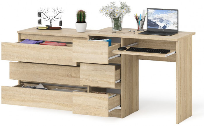 Мори Стол компьютерный МС-6 левый + Комод МК800.1, цвет дуб сонома, ШхГхВ 170,4х50х76,6 см., выдвижные ящики слева, НЕ универсальная сборка