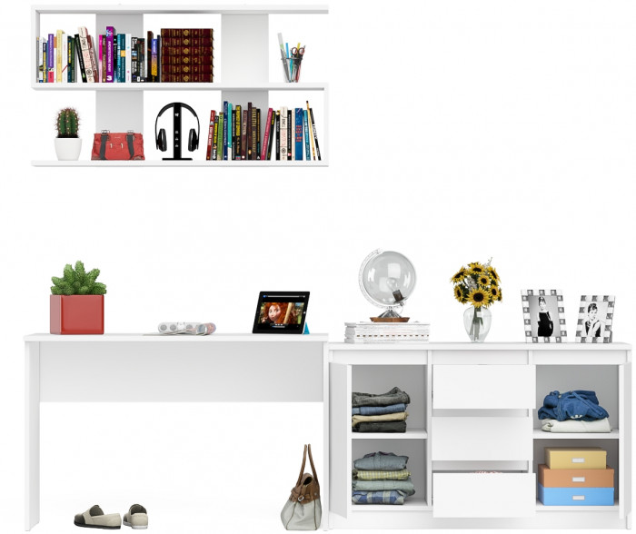 Мори Стол письменный МСП1200.1 + Комод МК1200.3 + Полка 1200, цвет белый, ШхГхВ 240,8х50х209,6 см., универсальная сборка