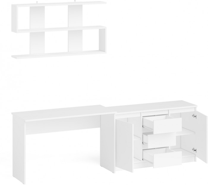 Мори Стол письменный МСП1200.1 + Комод МК1200.3 + Полка 1200, цвет белый, ШхГхВ 240,8х50х209,6 см., универсальная сборка