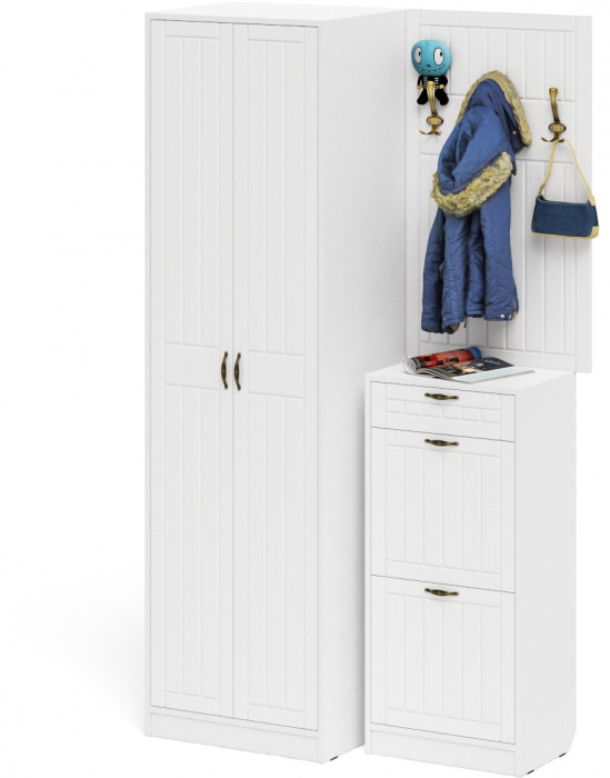 Прихожая П-6 Компоновка № 18, цвет белая шагрень/фасады МДФ белое дерево фрезеровка прованс, ШхГхВ 120х50х210 см., универсальная сборка