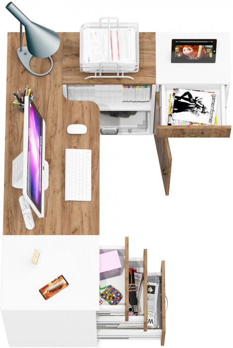 Лидер-8 Стол + Тумба МД 3.15 + Тумба МД 3.16, белый шагрень/крафт золото