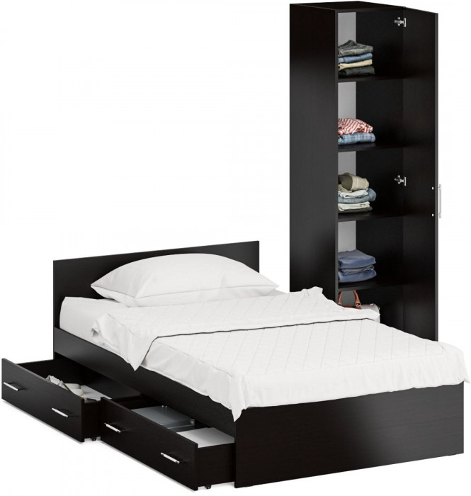 Кровать с ящиками 1200 + Пенал Стандарт, цвет венге, ШхГхВ 123,5х203,5х70 + 45х52х200 см., сп.м. 1200х2000 мм., без матраса, основание есть