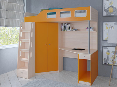 Кровать чердак Астра 7 Дуб молочный/Оранжевый