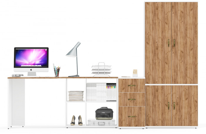 Лидер-8 Стол + Тумба МД 3.16 + Шкаф МД 20Б, белый шагрень/крафт золото