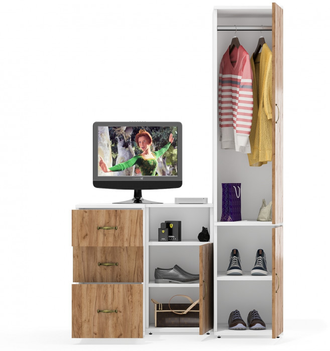 Лидер-8 Пенал МД 23Б + Тумба МД 3.16 + Тумба МД 3.19, цвет белый шагрень/крафт золото, ШхГхВ 120х50х190 см., универсальная сборка