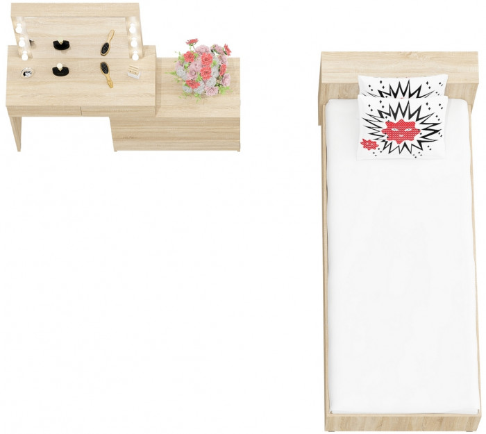 Ксения Кровать с ящиками 0900 + Стол косметический с подсветкой 110, дуб сонома