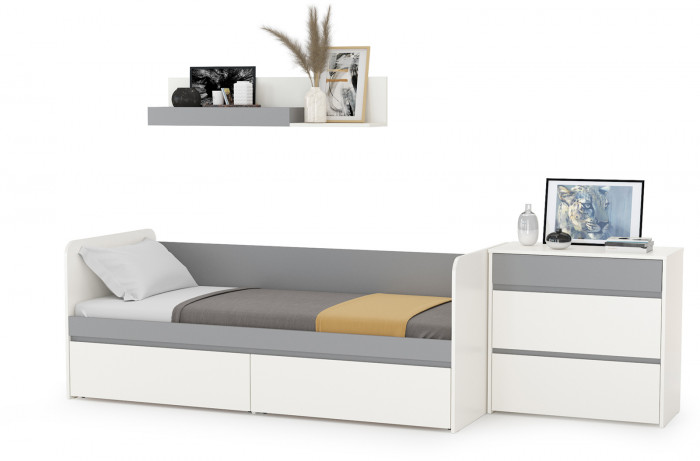 Торонто 11.39 Кровать + 16.475 Полка + 13.321 Комод, цвет белый шагрень/стальной серый, ШхГхВ 274х84,4х150 см., сп. м. 800х1900 мм, б/м, основан. есть