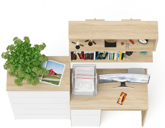 Мори компьютерный стол МС-1 левый + Комод МК700.5 + Полка 900, дуб сонома/белый