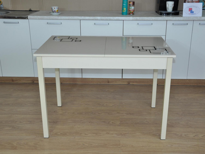 Альфа фотопечать стол обеденный раздвижной / квадраты на бежевом/дуб молочный/бежевый